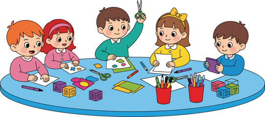 Cartoon children doing classroom arts and crafts activity, kids cutting paper shapes, preschool education, teamwork, creativity, school learning, fun pla