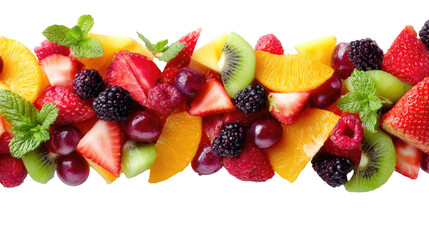 Colorful assortment of sliced fruits and berries arranged in a horizontal banner