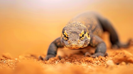 Obraz premium A komodo dragon lizard crawls across the sandy ground in its natural habitat
