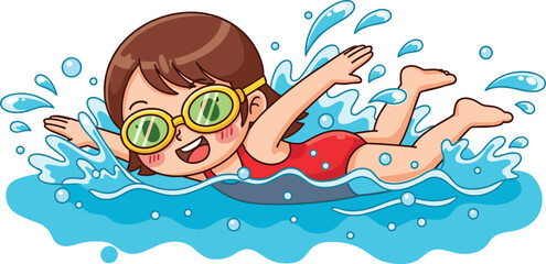 Happy cartoon girl swimming in pool with goggles, kid enjoying summer water activity, cute child learning freestyle swimming stroke illustration