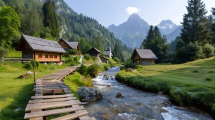 Log cabins, church and wooden bridge over mountain river in Logar Valley, Slovenia