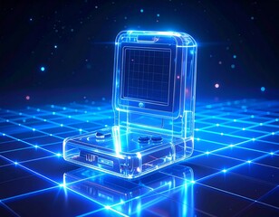 Futuristic Handheld Game Console with Neon Grid and Glowing Particles.
