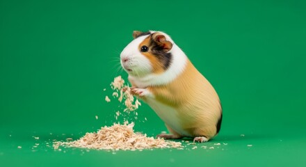 Guinea pig standing on hind legs, eating sawdust on chromakey green screen background. Effect for video production.