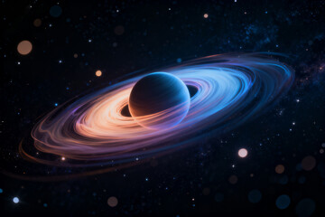 A planet with a vibrant ring system set against a star-filled cosmic background