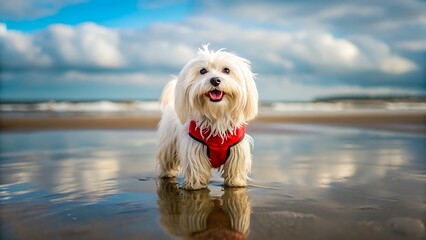 Cute white dog with red harness standing on beach with reflection in water
