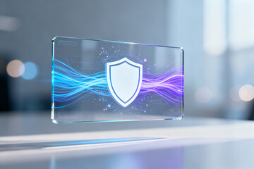 Transparent digital display with glowing shield icon and colorful energy waves, symbolizing cybersecurity protection.