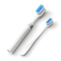 Two white toothbrushes with blue bristles on a white background