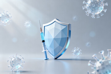 Syringe and shield symbolizing protection against virus particles in a medical concept