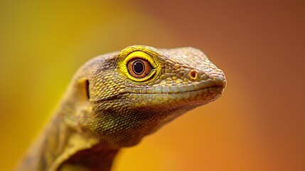 Closeup portrait of a small lizards head with striking yellow eyes