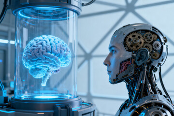 Robotic humanoid observing a glowing brain in a glass chamber within a futuristic laboratory setting