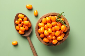 Ripe sea buckthorn berries, bowl and spoon on green background, flat lay