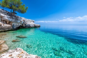 Fototapeta premium Clear turquoise water washing against rugged coastline cliff