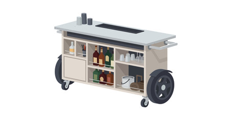 Stylized bar cart illustration with drinks and glasses on a white background