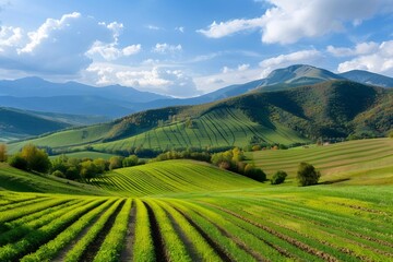 Obraz premium Green cultivated fields spanning rolling hills and mountains