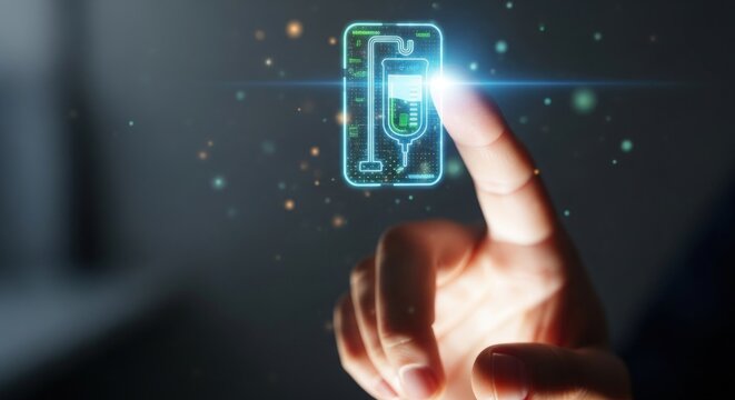Finger touching a futuristic intravenous drip icon, representing modern medical technology - Powered by Adobe
