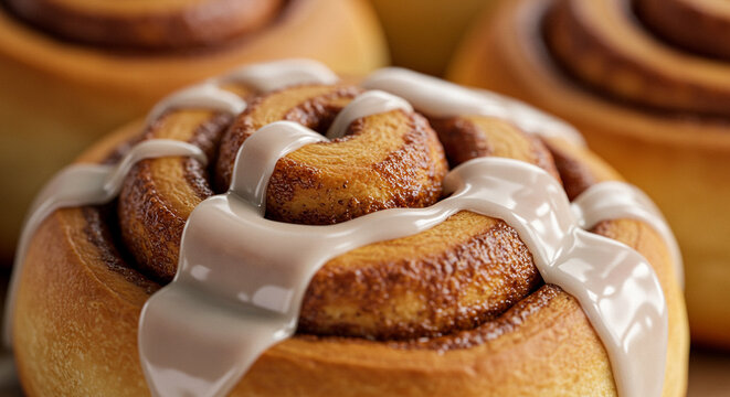Cinnamon rolls drizzled with icing, macro detail