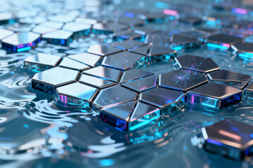 Hexagonal metallic tiles floating on water with reflective surfaces and glowing edges