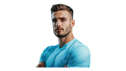 Man with arms crossed and blue shirt on black background