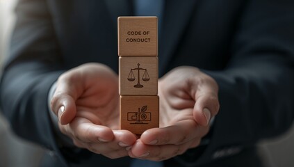 Code of conduct business concept on wooden blocks in businessman hands.