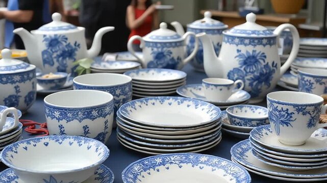Elegant blue and white china tea set and tableware arrangement for a refined gathering