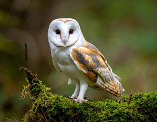Owl perched on mossy branch