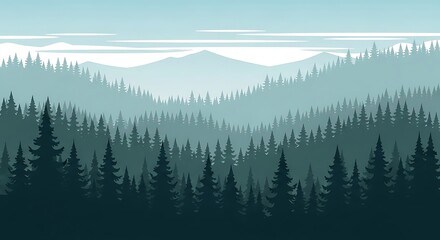 Obraz premium Misty Mountain Forest Landscape with Evergreen Trees.