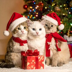 Festive cats near Christmas tree
