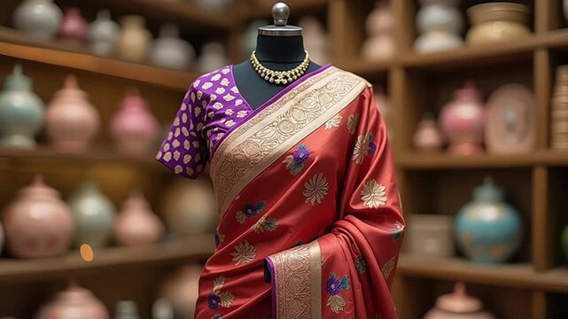 Elegant silk saree draped on a mannequin with traditional Indian jewelry display
