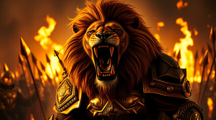 A lion in gold-plated armor roaring at the center of a fiery battlefield, with flaming arrows in the background, Epic, Fantasy, Dramatic Lighting. , closes up