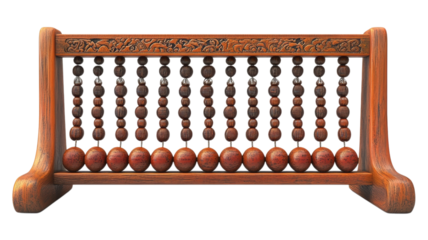 A wooden abacus with brown beads on a black background