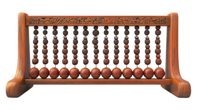 A wooden abacus with brown beads on a black background