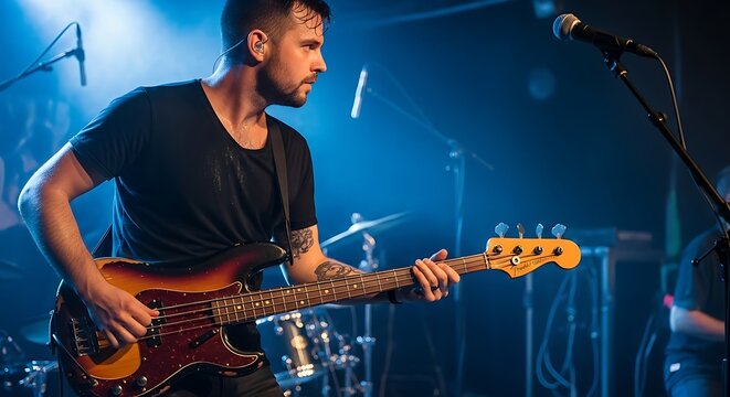 Musician playing bass guitar on stage with blue lighting. - Powered by Adobe