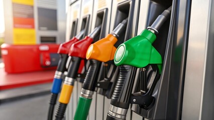 Fuel pump nozzles at gas station, colorful petrol dispensers, close-up of fuel pump handles for gasoline and diesel at service station 
