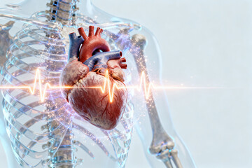 Human heart anatomy with electrocardiogram overlay on skeletal structure
