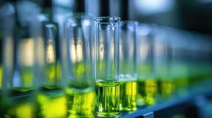 Test Tube Laboratory with Green Solution, Scientific Experiment.
