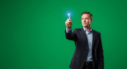 Man business executive touching virtual screen with glowing finger on chroma key green background. Business innovation concept for presentation.