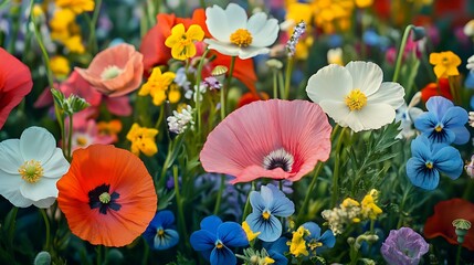 Many different flowers like poppy daisy violet