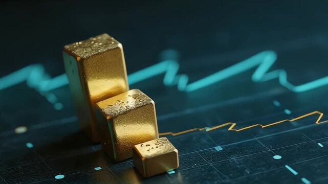 Gold bars forming a decreasing graph with a financial chart in the background