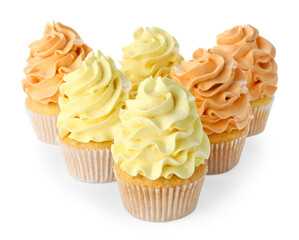 Delicious cupcakes with colorful cream isolated on white