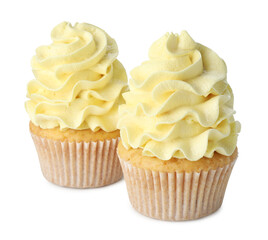 Delicious cupcakes with color cream isolated on white