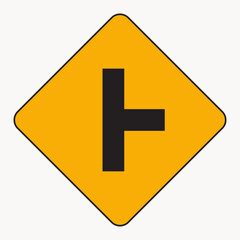 Vector art of a yellow square warning sign with a black junction symbol, indicating a side road ahead, alerting drivers to merging traffic