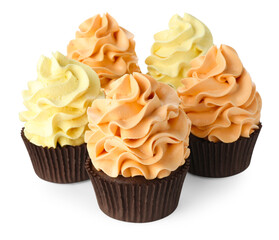 Delicious cupcakes with colorful cream isolated on white