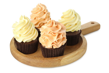 Delicious cupcakes with colorful cream isolated on white