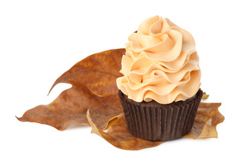 Delicious cupcake with color cream and autumn leaf isolated on white
