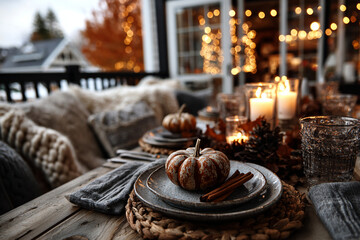 Thanksgiving-Festive autumn table setting with pumpkins, candles, and rustic decor, creating cozy vibe.