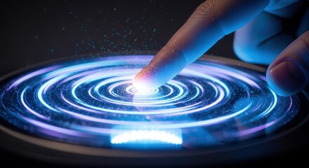 Finger touching a digital circle, concept of futuristic technology and innovative ideas
