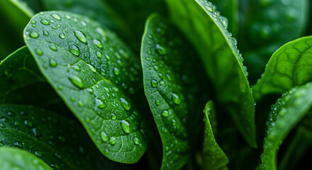 Fresh spinach leaves with morning dew, macro texture detail