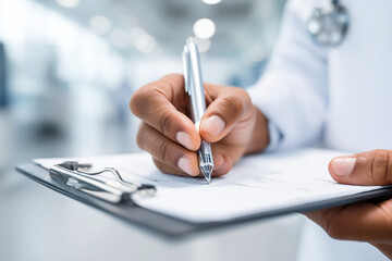 Close-up of Japanese doctor hands writing medical notes on clipboard, clean hospital environment, white coat visible, minimal and professional, with copy space,