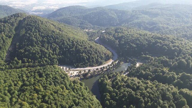 Aerial view of winding asphalt mountain road among green trees in summer. (Domani&ccedil;,İneg&ouml;l dağ yolu)	