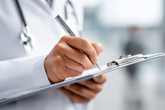 Close-up of Japanese doctor hands writing medical notes on clipboard, clean hospital environment, white coat visible, minimal and professional, with copy space, - Powered by Adobe
